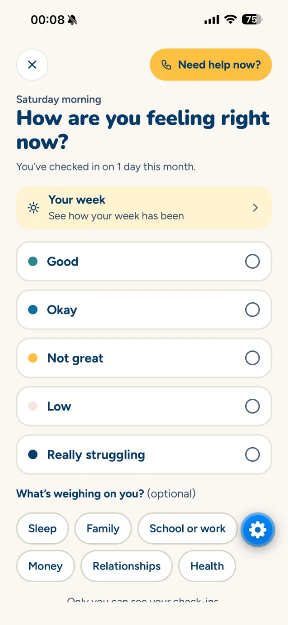 The check-in screen: how are you feeling right now, from good to really struggling.