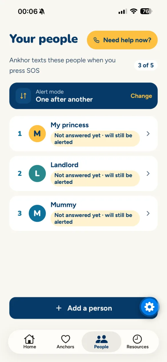 The Your people screen: the trusted people who get a text if you press SOS.