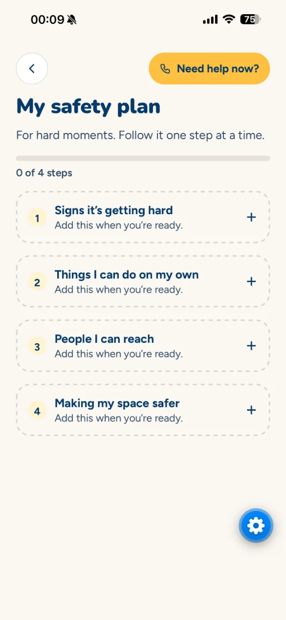 The My safety plan screen: warning signs, things to do on your own and people to reach.